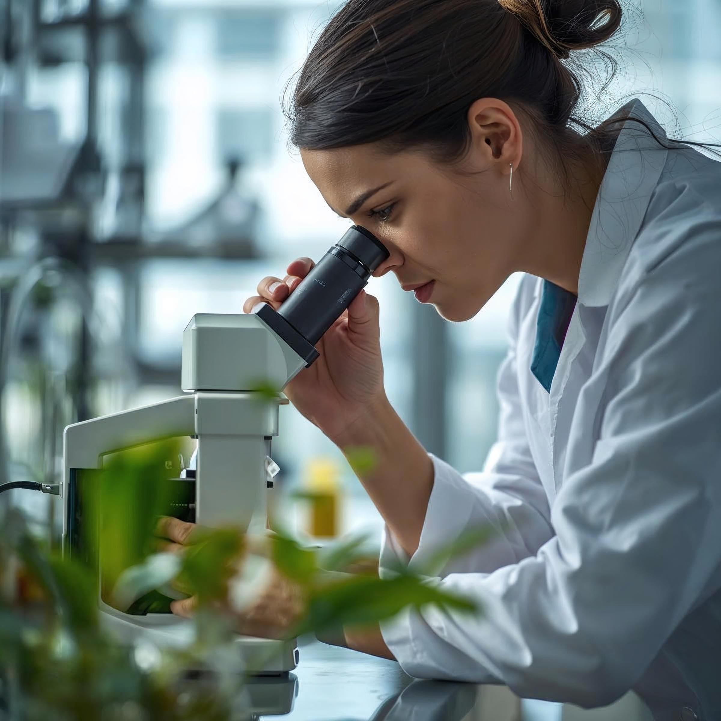 Cientista em jaleco branco analisando uma folha de planta em um ambiente de laboratório
