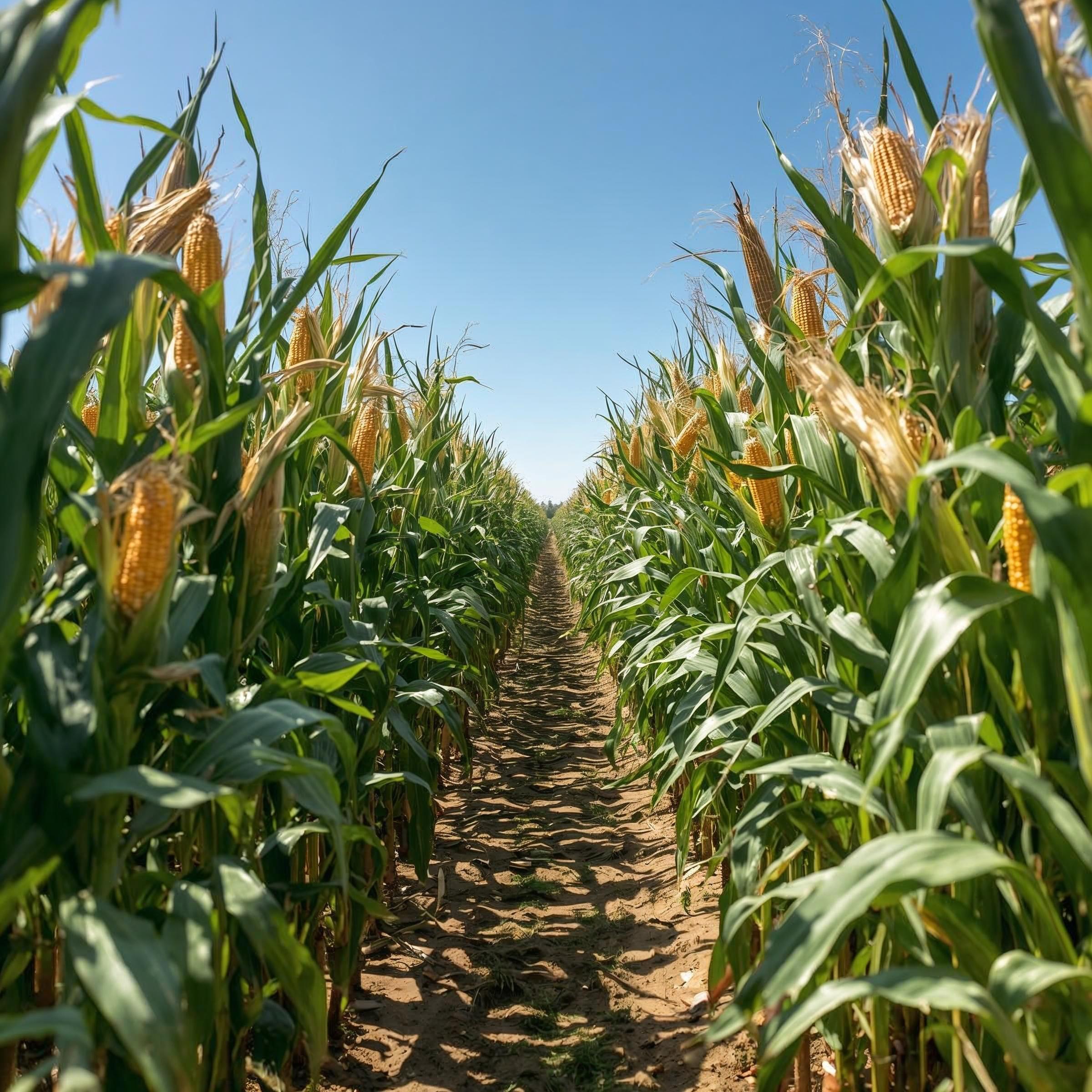 Plantação de milho verdejante com espigas em formação sob um céu azul